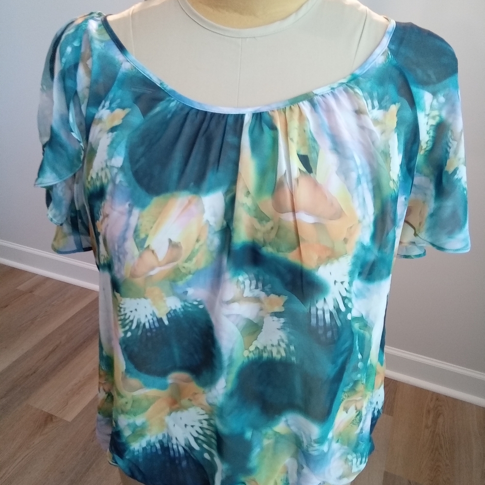 2-$10... Ana Plus Sz 1X Turquoise & Yellow Floral Flutter Sleeve  Sheer Chiffon